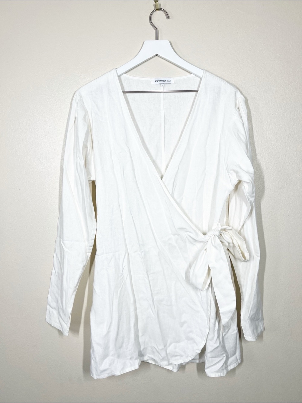WeWoreWhat Womens Long Sleeve White Linen Wrap Mini Dress Size Large Casual